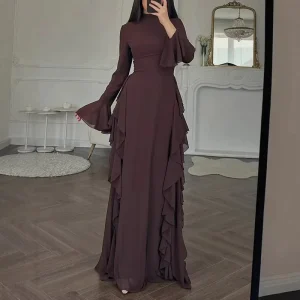 Women’s Elegant Casual Dress High Waisted Solid Color Flared Sleeve Long Dress