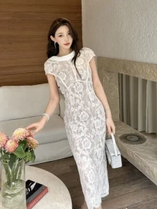 Women’s Elegant Casual Dress White Lace Floral High Waisted O Neck Short Sleeve Mid Length