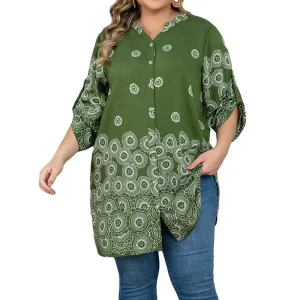 Women’s Elegant Casual Plus size Shirt V neck Three quarter Sleeves Full front opening Two colors Daily commuting Leisure wear