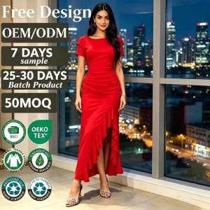 Women’s Elegant Casual Print 3 4 Sleeve Maxi Dress with Ruffle Hem Eco Friendly Woven Fabric for Daily Wear