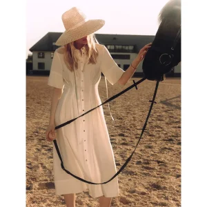 Women’s Elegant Casual Solid Pattern Bandage Corset Maxi One Piece Dress Single Row Button Lapel Natural Waistline Summer Front