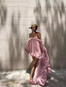 Women’s Elegant Chic Off Shoulder Ruffled High-Low Hem Maxi Dress Flowy Skirt Formal Gown for Evening Party Wedding Photoshoot