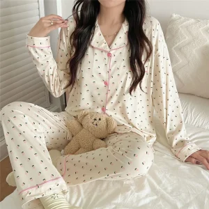 Women’s Elegant Classic Long Sleeve Long Pants Pajamas Spring Autumn Summer Casual Soft Elastic Waist Loose Homewear Suit