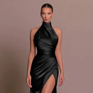 Women’s Elegant Design High Waist Slim Neck Bridesmaid Dresses Sleeveless Split Slim Gowns Long Evening Dresses