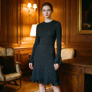 Women’s Elegant Fall Winter Solid Color Fine Flash O Neck Long Sleeve Thick A Line Mid length Illusion Pullover Knit Dress