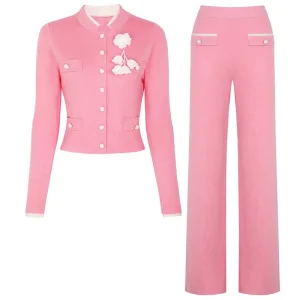 Women’s Elegant Knit Cardigan Slim Daily Wear 3D Flower Long Sleeve Knitwear Tops and Wide-leg Trousers Lady Pants Suit