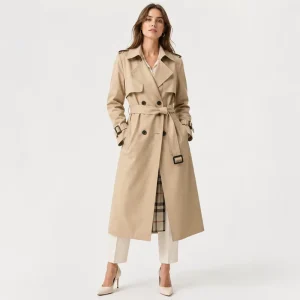 Women’s Elegant Light Fashion Korean Mid-Length Trench Coat Waterproof Belted Overcoat Bow Collar Pattern Cotton Woven Trendy