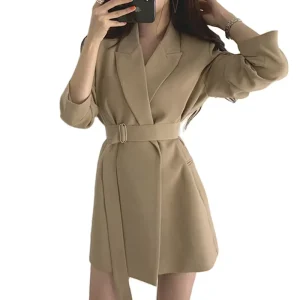 Women’s Elegant Long Sleeve Blazer Autumn Business Suit Coat Lapel Waist Tight Jacket Solid Color Belt Slimming Style