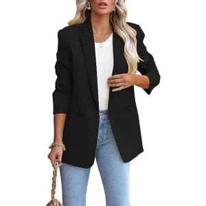 Women’s Elegant Loose Blazer Lapel Long Sleeve Pockets for Work Office Formal Plus Size Comfortable Spandex Polyester