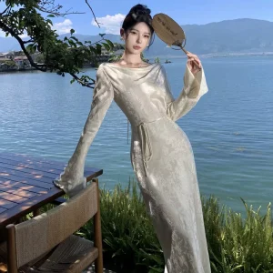 Women’s Elegant New Chinese Style Jacquard Maxi Dress Cowl Neck Long Sleeve Satin Bodycon Gown with Waist Tie
