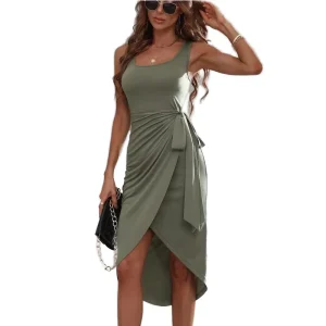 Women’s Elegant O Neck Sleeveless Bodycon Midi Casual Woven Washable Solid Dyed Natural Waist Custom Dress