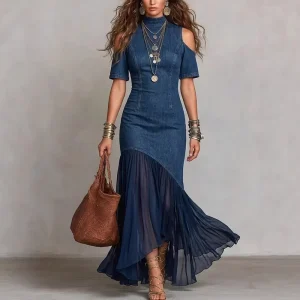 Women’s Elegant Off Shoulder Short Sleeve French Style Tulle Hem A Line Polyester Dress for Spring Summer