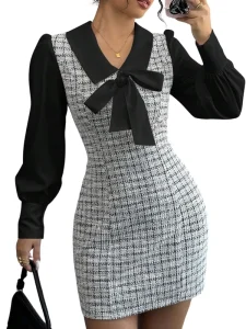 Women’s Elegant Plaid Tweed Dress Bow Front Lantern Long Sleeve 2 in 1 Mini Houndstooth Dresses
