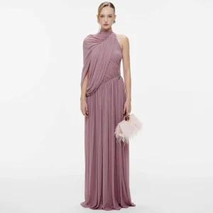 Women’s Elegant Pleated Party Dress Spliced Irregular One-shoulder Short Sleeve Slimming Solid Color Dress