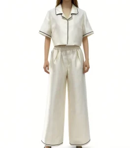 Women’s Elegant Satin Loungewear Set Short Sleeve Notched Collar Top with Black Piping Wide Leg Pants Comfortable Pajama Set