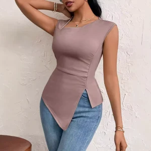 Women’s Elegant Slant Collar Slim Fit Sleeveless Top