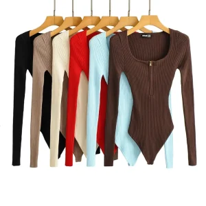 Women’s Elegant Slim Fit Retro Square Neck Knit Top Long Sleeve T-Shirt Bodysuit Base Shirt