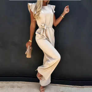 Women’s Elegant Slim Solid Casual Jumpsuit Summer Office Lady Overalls Breathable Sleeveless Belted Design Knitted Weaving