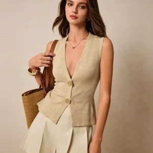 Women’s Elegant Solid Anti-Wrinkle Deep V-Neck Sleeveless Knit Vest Top Two-Button Cardigan