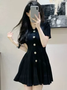 Women’s Elegant Solid Black Knitted A line Midi Dress with Slim fit Short Sleeve Polo Neckline Illusion Detail for Summer