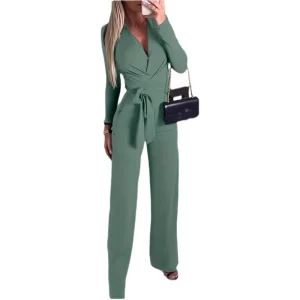 Women’s Elegant Solid Color Sexy Slim V Neck Long Sleeve Waisted Jumpsuit