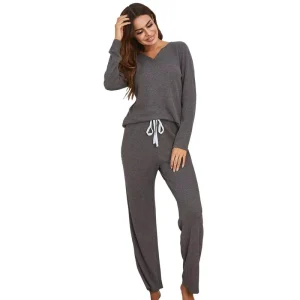 Women’s Elegant Spring Comfortable V Neck Waffle Loungewear Set Long Sleeve Pants with Soft Breathable Home Pajamas Sleepwear
