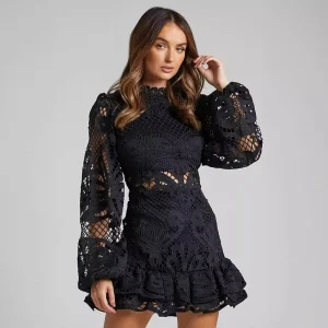 Women’s Elegant Stand Collar Lantern Flared Sleeves Dress Waist cinching Empire Waist A line Ruffled Hollow Lace Party Dress