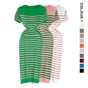 Women’s Elegant Striped Knit Casual Dresses Customized Logo Print Sorority Fraternity Maxi Sweater Crew Neck Patchwork Dress