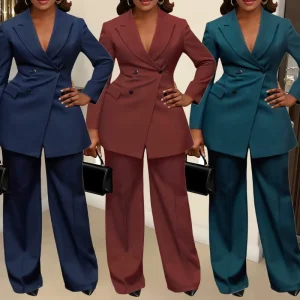 Women’s Elegant Suit Set with Waist Defining Collar and Solid Color Trousers Pants Fashion