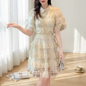 Women’s Elegant Summer A Line O Neck Ruffle Sleeve Zippers Mesh Multi Layered Summer New Korean Style Hepburn Style Cake Dress