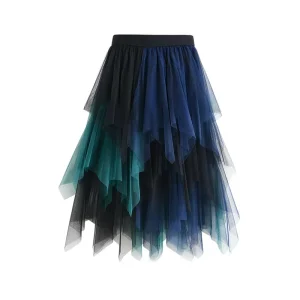 Women’s Elegant Summer A Line Tulle Skirt Embroidered Button Rhinestone Decor Casual Party Clothes with Natural Waistline