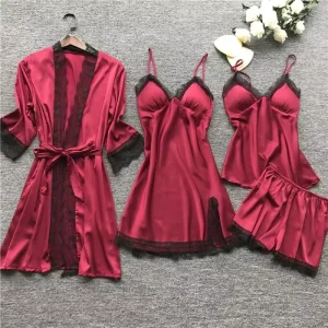 Women’s Elegant Summer Satin Pajamas 4pcs Set Solid Pattern Elastic Waist and Pocket for Perfect Sleepwear