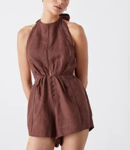 Women’s Elegant Summer Short Romper 100% Linen Cotton Sexy Backless Casual Jumpsuit with Halter One Piece Formal Styling