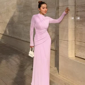 Women’s Elegant Sweet Style Solid Color Simple Cross Pleated Design Hip Hugging Banquet Dress