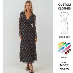 Women’s Elegant Temperament Vintage Casual Digital Printed Plaid Maxi Dress Long Sleeve Autumn Fashion Wide Waist Natural Weave