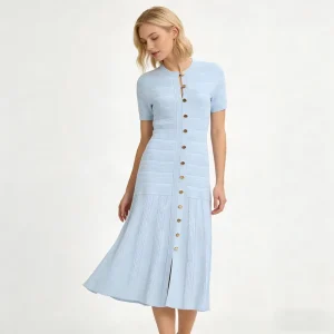 Women’s Elegant Textured Knit Maxi Dress Short Sleeve Button Down Midi Dress with Gold Buttons