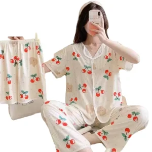 Women’s Elegant Thermal Three Piece Cotton Summer Sleepwear Set Sweet Cherry Printed Short Sleeved Shorts Trousers Home Wear