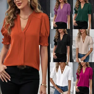 Women’s Elegant Top Blouses T-Shirts Lady Casual Short Puff Sleeve V-Neck Solid Color Blouse Tops