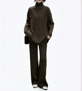Women’s Elegant Turtleneck Cashmere Wool Sweater Pullover Pants Loose Fit for Spring and Autumn