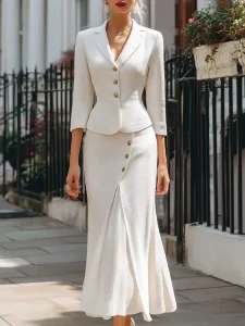 Women’s Elegant Tweed 2 Piece Skirt Suit White Tailored Blazer Jacket & Midi Skirt Set Office Formal Outfit