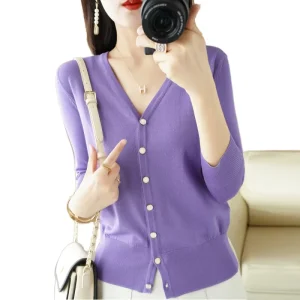 Women’s Elegant V Neck Long Sleeve Cardigan Jacket Loose Knitted Tops for Autumn Spring Knitwear