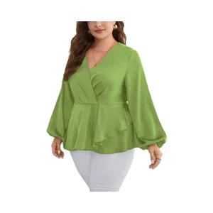 Women’s Elegant V Neck Top Solid Color Chiffon Long Sleeve Shirt Casual Style for Spring Summer Autumn Plus Size 1XL to 3XL