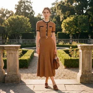 Women’s Elegant Viscose Tweed Hollow Knit A-Line Midi Dress O-Neck Short Sleeve Gold Buttons Pearl Belt Breathable Summer Custom