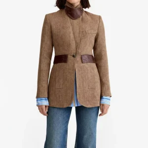 Women’s Elegant Woolen Woven Windproof Blazer Hand Embroidery Brown Herringbone Single Breasted for Business Casual