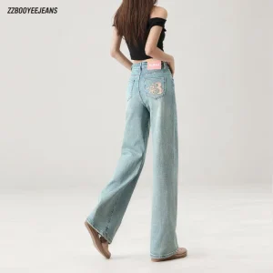 Women’s Embroidered Stretch Mid-Waist Denim Jeans Loose-Fitting Korean-Style Straight Pants Versatile Summer Casual