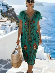 Women’s Emerald Green Floral Knit Dress Summer V-Neck Short Sleeve Pointelle Mesh Midi Dress 100% Polyester Printed Resort Wear