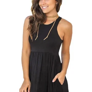 Women’s Empire Waist O Neck Sleeveless Solid Summer Casual Beach Vacation Dress 95% Rayon 5% Spandex Anti static Petite XS 2XL