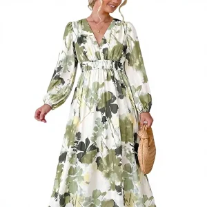 Women’s Empire Waist Scoop Neckline Pencil Silhouette Long Sleeve Floral Appliqued 100% Polyester Loose Fit Maxi Dress Spring