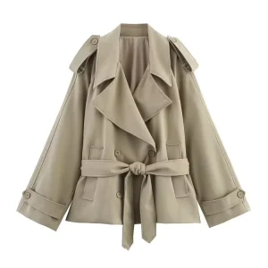 Women’s European American Style Long Windbreaker Jacket Lace Lapel Casual Loose Fit for Autumn Winter Season Trench Coat