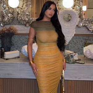 Women’s European American Style Slim Fit Dress Wrapped Pleated Skirt Off Shoulder Gradient Bodycon Casual Elegant Long Dress